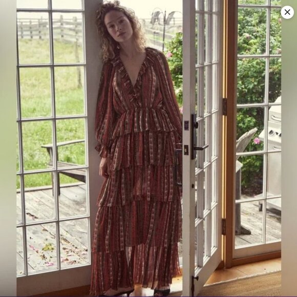 DÔEN Marlanna Silk Chiffon Boho Maxi Dress, Brown/Orange, Size XS, NWT - Picture 13 of 15